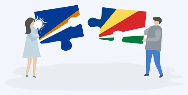 Marshallese Seychellois Bayrakları Ile Iki Bulmaca Parçaları Tutan Çift Marshall — Stok Vektör