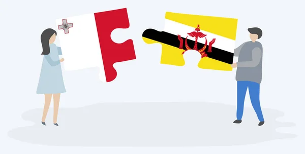 Paar Houden Twee Puzzels Stukken Met Maltese Bruneian Vlaggen Malta — Stockvector