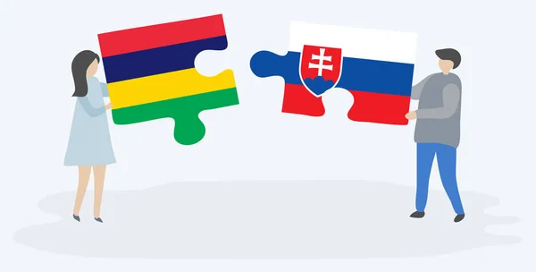 Casal Segurando Duas Peças Quebra Cabeças Com Bandeiras Maurícias Eslovacas — Vetor de Stock