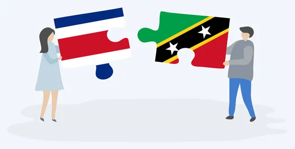 Couple Tenant Deux Pièces Puzzles Avec Des Drapeaux Costaricains Kittiens — Image vectorielle