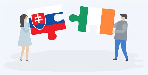Ζευγάρι Που Κρατά Δύο Κομμάτια Παζλ Σλοβάκικες Και Ιρλανδικές Σημαίες — Διανυσματικό Αρχείο