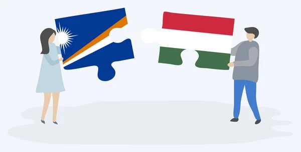 Ζευγάρι Που Κρατά Δύο Κομμάτια Παζλ Σημαίες Μάρελεν Και Ουγγρικά — Διανυσματικό Αρχείο