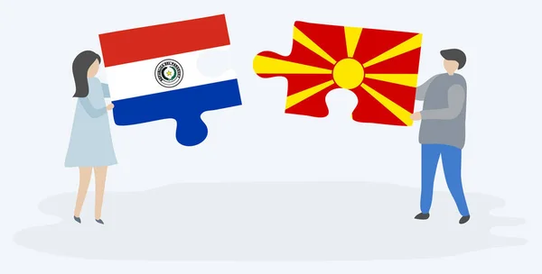 Couple Tenant Deux Pièces Puzzles Avec Des Drapeaux Paraguayens Macédoniens — Image vectorielle