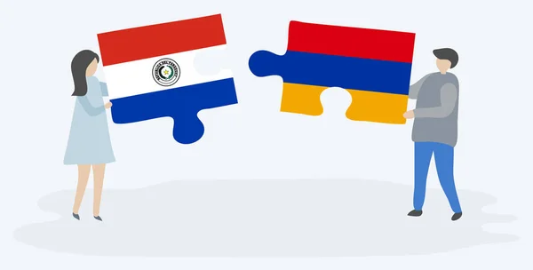 Casal Segurando Duas Peças Quebra Cabeças Com Bandeiras Paraguaias Armênias —  Vetores de Stock