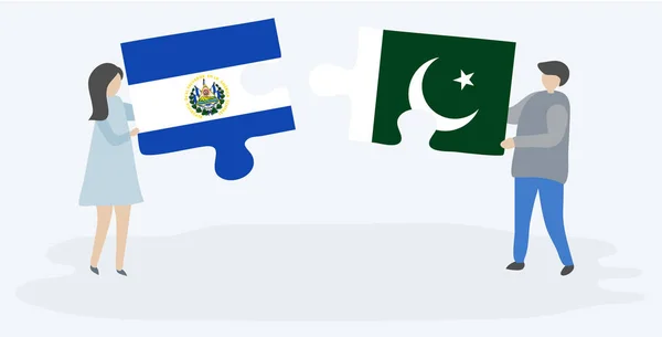 Couple Tenant Deux Pièces Puzzles Avec Des Drapeaux Salvadoriens Pakistanais — Image vectorielle