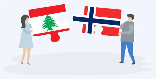 Pareja Sosteniendo Dos Piezas Rompecabezas Con Banderas Libanesas Noruegas Líbano — Archivo Imágenes Vectoriales