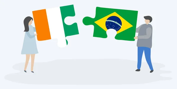Pár Két Rejtvénydarabot Tartott Elefántcsontparti Brazil Zászlókkal Elefántcsontpart Brazília Nemzeti — Stock Vector