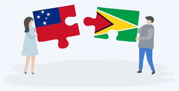 Paar Houden Twee Puzzels Stukken Met Samoaanse Guyanese Vlaggen Samoa — Stockvector
