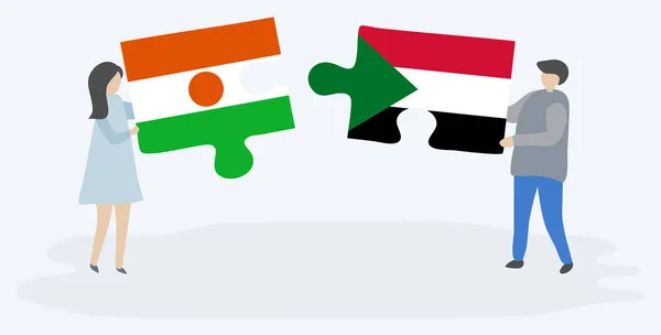 Pár Két Rejtvénydarabot Tartott Nigeri Szudáni Zászlókkal Niger Szudáni Nemzeti — Stock Vector