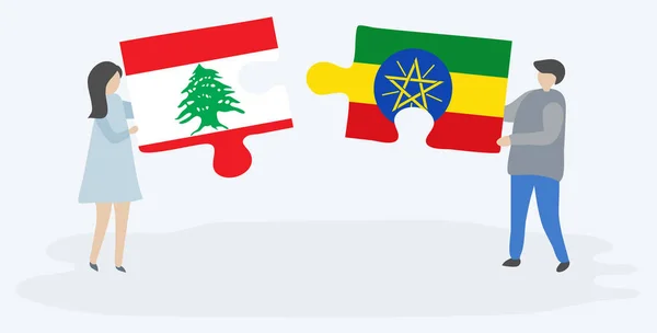 Para Trzyma Dwa Kawałki Puzzli Libańskich Etiopskich Flag Libanu Etiopii — Wektor stockowy