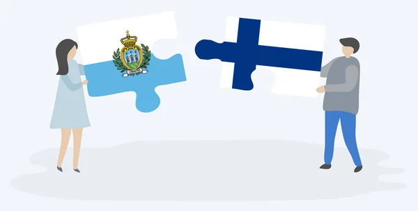 Pareja Sosteniendo Dos Piezas Rompecabezas Con Banderas Sammarinese Finlandia San — Vector de stock