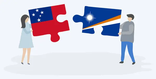 Paar Houden Twee Puzzels Stukken Met Samoaanse Marshallese Vlaggen Samoa — Stockvector