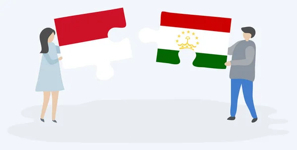 Casal Segurando Duas Peças Quebra Cabeças Com Bandeiras Monegasco Tajiquistão — Vetor de Stock