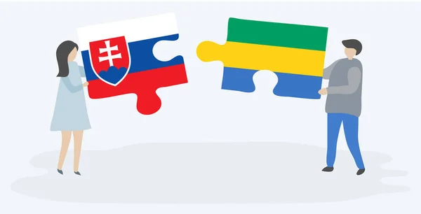 Ζευγάρι Που Κρατά Δύο Κομμάτια Παζλ Τις Σημαίες Της Σλοβακίας — Διανυσματικό Αρχείο
