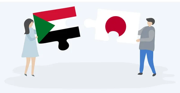 Pareja Sosteniendo Dos Piezas Rompecabezas Con Banderas Sudanesas Japonesas Sudán — Archivo Imágenes Vectoriales