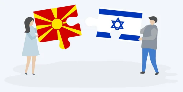 Casal Segurando Duas Peças Quebra Cabeças Com Bandeiras Macedônia Israel —  Vetores de Stock