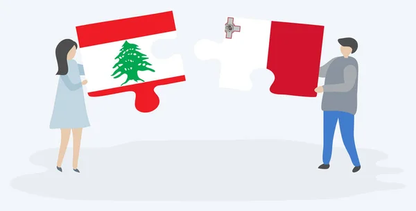 Para Trzymania Dwóch Puzzli Libanu Maltańskie Flagi Symbole Narodowe Libanu — Wektor stockowy