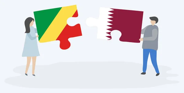 Paar Mit Zwei Puzzleteilen Mit Kongolesischen Und Katarischen Flaggen Republik — Stockvektor