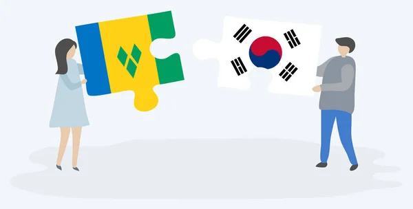 Para Trzymania Dwóch Puzzli Wincentyńskich Południowokoreańskich Flag Saint Vincent Grenadyny — Wektor stockowy