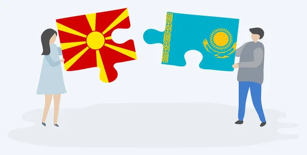 Casal Segurando Duas Peças Quebra Cabeças Com Bandeiras Macedônia Cazaque —  Vetores de Stock
