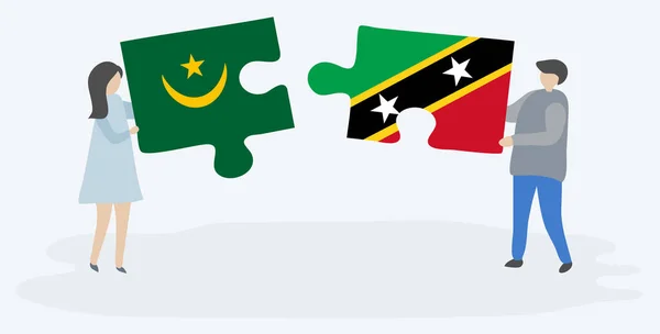 Pareja Sosteniendo Dos Piezas Rompecabezas Con Banderas Mauritania Kittitian Mauritania — Archivo Imágenes Vectoriales