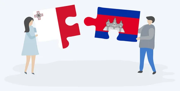 Paar Houden Twee Puzzels Stukken Met Maltese Cambodjaanse Vlaggen Malta — Stockvector