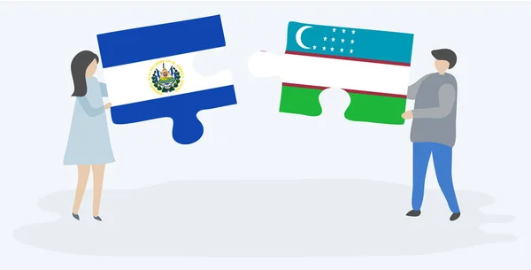 Paar Houden Twee Puzzels Stukken Met Salvadoraanse Oezbeekse Vlaggen Salvador — Stockvector