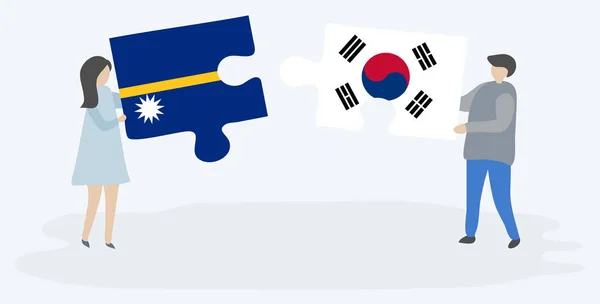 Para Trzyma Dwa Kawałki Puzzli Nauruan Korei Południowej Flagi Nauru — Wektor stockowy