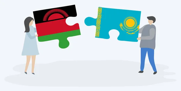 Dvojice Drží Dvě Skládanky Malawianovou Kazašské Vlajky Vnitrostátní Symboly Malawi — Stockový vektor