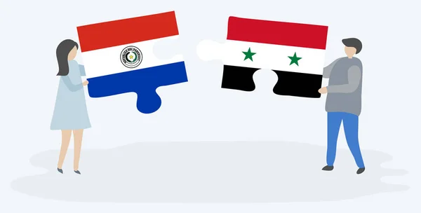 Paar Houden Twee Puzzels Stukken Met Paraguayaanse Syrische Vlaggen Paraguay — Stockvector