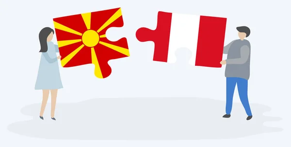 Couple Tenant Deux Pièces Puzzles Avec Des Drapeaux Macédoniens Péruviens — Image vectorielle