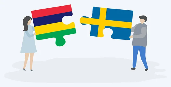 Ζευγάρι Που Κρατά Δύο Κομμάτια Παζλ Σημαίες Μαυρικίου Και Σουηδικά — Διανυσματικό Αρχείο