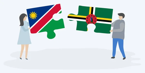 Pareja Sosteniendo Dos Piezas Rompecabezas Con Banderas Namibia Dominicana Namibia — Vector de stock