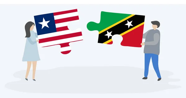 Paar Houden Twee Puzzels Stukken Met Liberiaanse Kittitian Vlaggen Liberia — Stockvector