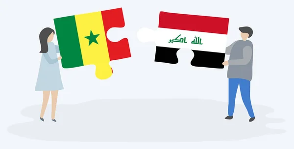 Couple Tenant Deux Pièces Puzzles Avec Des Drapeaux Sénégalais Irakiens — Image vectorielle