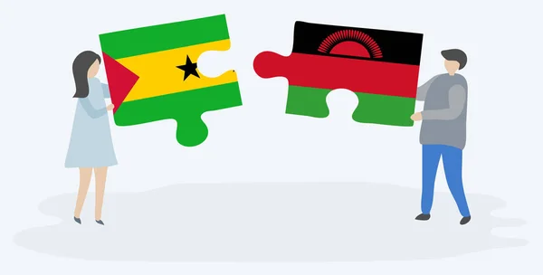 Para Trzyma Dwa Kawałki Puzzli Sao Tomean Flagi Malawian Sao — Wektor stockowy
