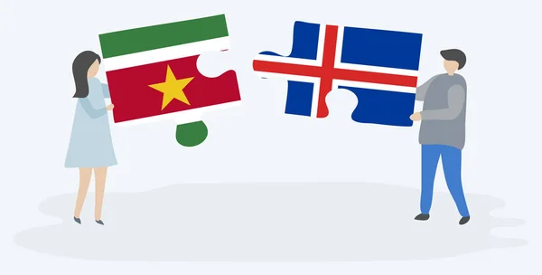 Dvojice Drží Dvě Skládanky Surinamským Islandským Vlasem Národní Symboly Surinamu — Stockový vektor