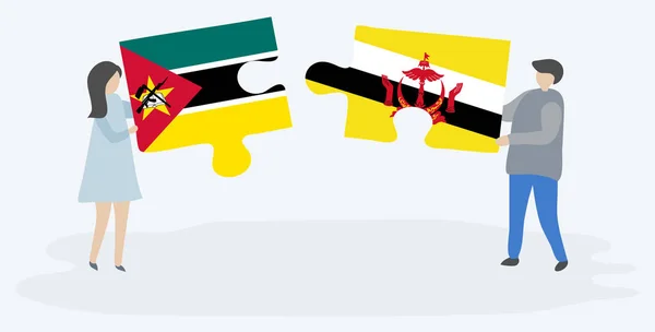 Para Trzymania Dwóch Puzzli Flagami Mozambicki Bruneian Mozambik Brunei Symbole — Wektor stockowy