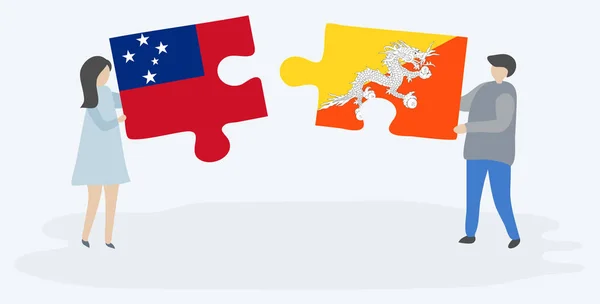 Samoa Bhutan Bayraklarıile Iki Bulmaca Parçası Tutan Çift Samoa Bhutan — Stok Vektör
