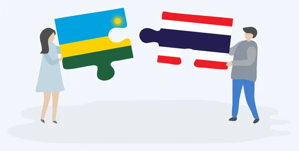 Casal Segurando Duas Peças Quebra Cabeças Com Bandeiras Ruandesas Tailandesas —  Vetores de Stock