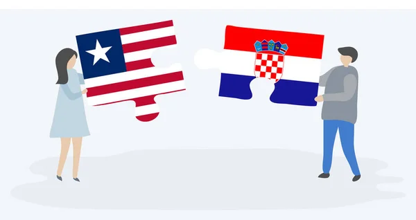Ζευγάρι Που Κατέχει Δύο Κομμάτια Παζλ Λιβερία Και Κροατικές Σημαίες — Διανυσματικό Αρχείο