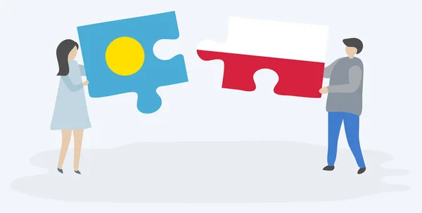 Couple Tenant Deux Pièces Puzzles Avec Des Drapeaux Palauan Polonais — Image vectorielle