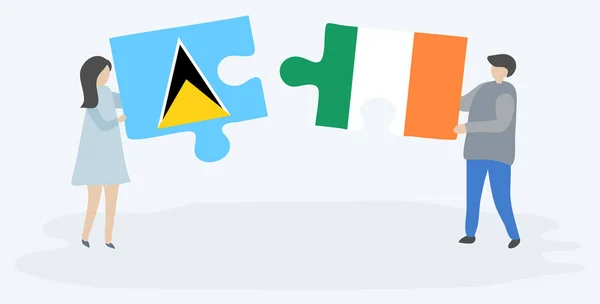 Couple Holding Two Puzzles Pieces Saint Lucian Irish Flags Saint — Stock Vector