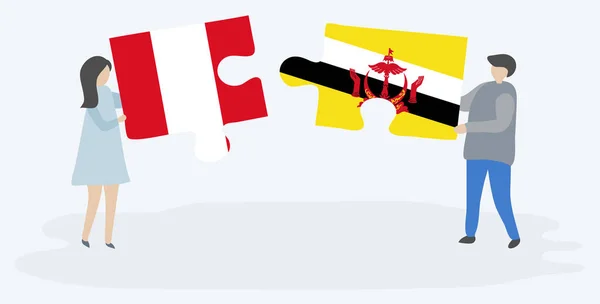 Paar Houden Twee Puzzels Stukken Met Peruaanse Bruneian Vlaggen Peru — Stockvector
