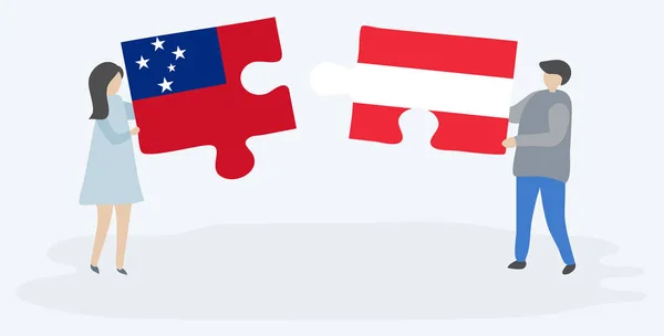 Couple Tenant Deux Pièces Puzzles Avec Des Drapeaux Samoan Autrichien — Image vectorielle