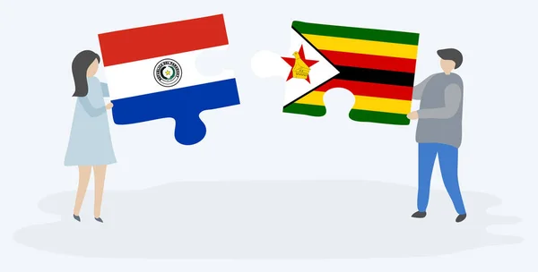 Paar Mit Zwei Puzzleteilen Mit Paraguayischen Und Zimbabwischen Flaggen Nationalsymbole — Stockvektor