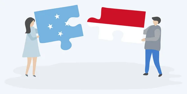 Paar Houden Twee Puzzels Stukken Met Micronesian Indonesische Vlaggen Micronesia — Stockvector