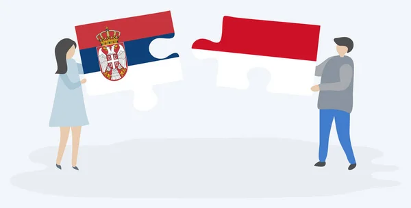 Casal Segurando Duas Peças Quebra Cabeças Com Bandeiras Sérvias Indonésias — Vetor de Stock