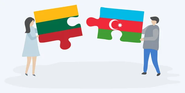 Par Som Innehar Två Pusselbitar Med Litauiska Och Azerbajdzjanska Flaggor — Stock vektor