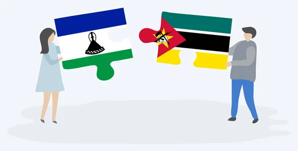 Para Trzymania Dwóch Puzzli Basotho Mozambicki Flagi Symbole Narodowe Lesotho — Wektor stockowy